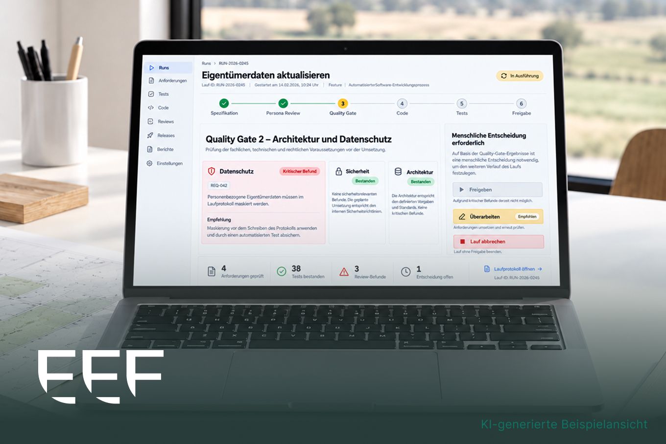 Beispielansicht eines Laufs der AI-Pipeline: Quality Gate mit Befunden zu Datenschutz, Sicherheit und Architektur, daneben die menschliche Entscheidung.