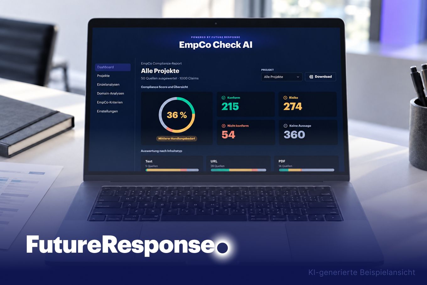 Beispielansicht des EmpCo Check: Compliance-Score über alle Projekte, aufgeteilt nach konformen, riskanten und nicht konformen Aussagen.