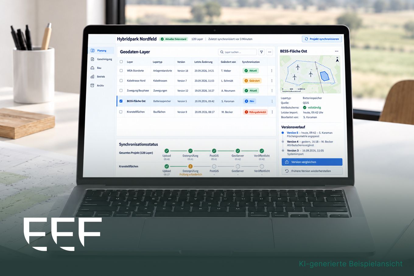 Beispielansicht der Geodaten-Plattform: Layer eines Hybridparks mit Version, Änderung und Synchronisationsstatus.