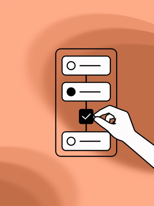 Illustration: Eine Hand hakt in einem mehrstufigen Ablauf einen Prüfschritt ab.