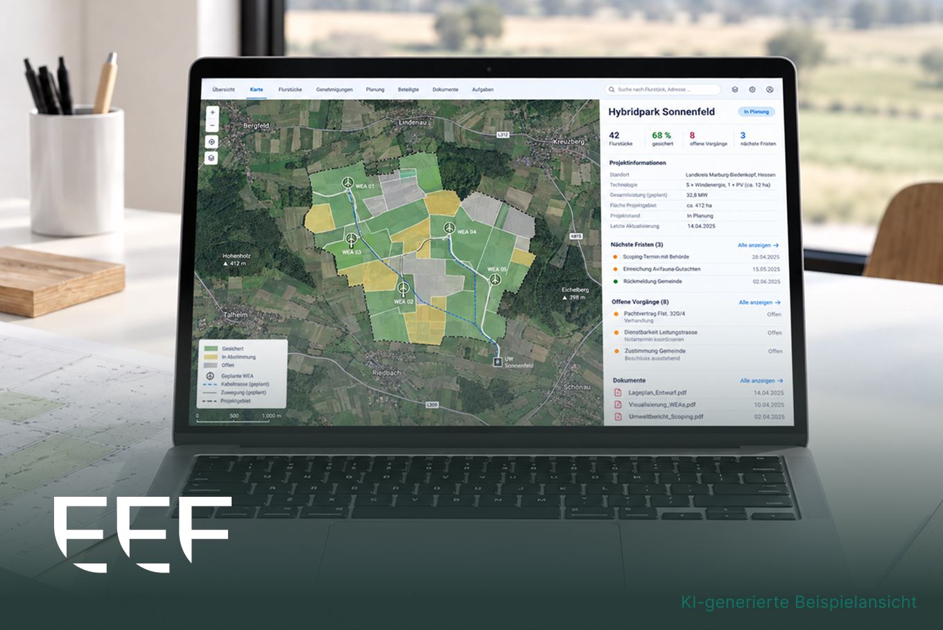 Beispielansicht eines Projekts: Karte des Hybridparks mit gesicherten und offenen Flächen, daneben Projektinformationen, Fristen und Vorgänge.