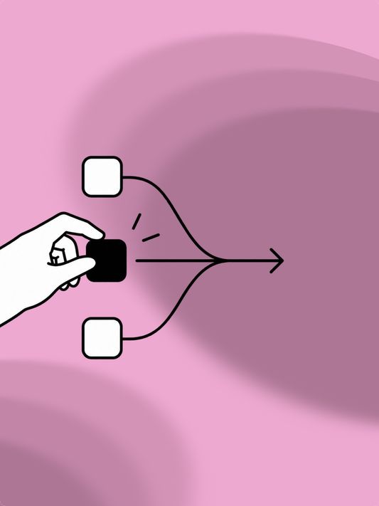 Illustration: Eine Hand wählt einen Baustein, zwei Wege laufen zu einer gemeinsamen Richtung zusammen.